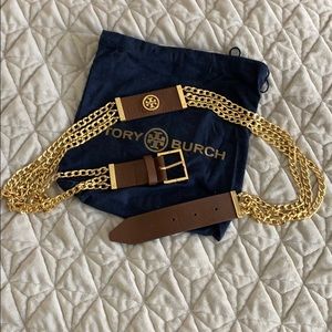 Tory Burch gold chain and leather belt